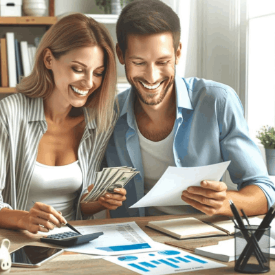 Happy couple checking bills and managing home budget in a bright offic