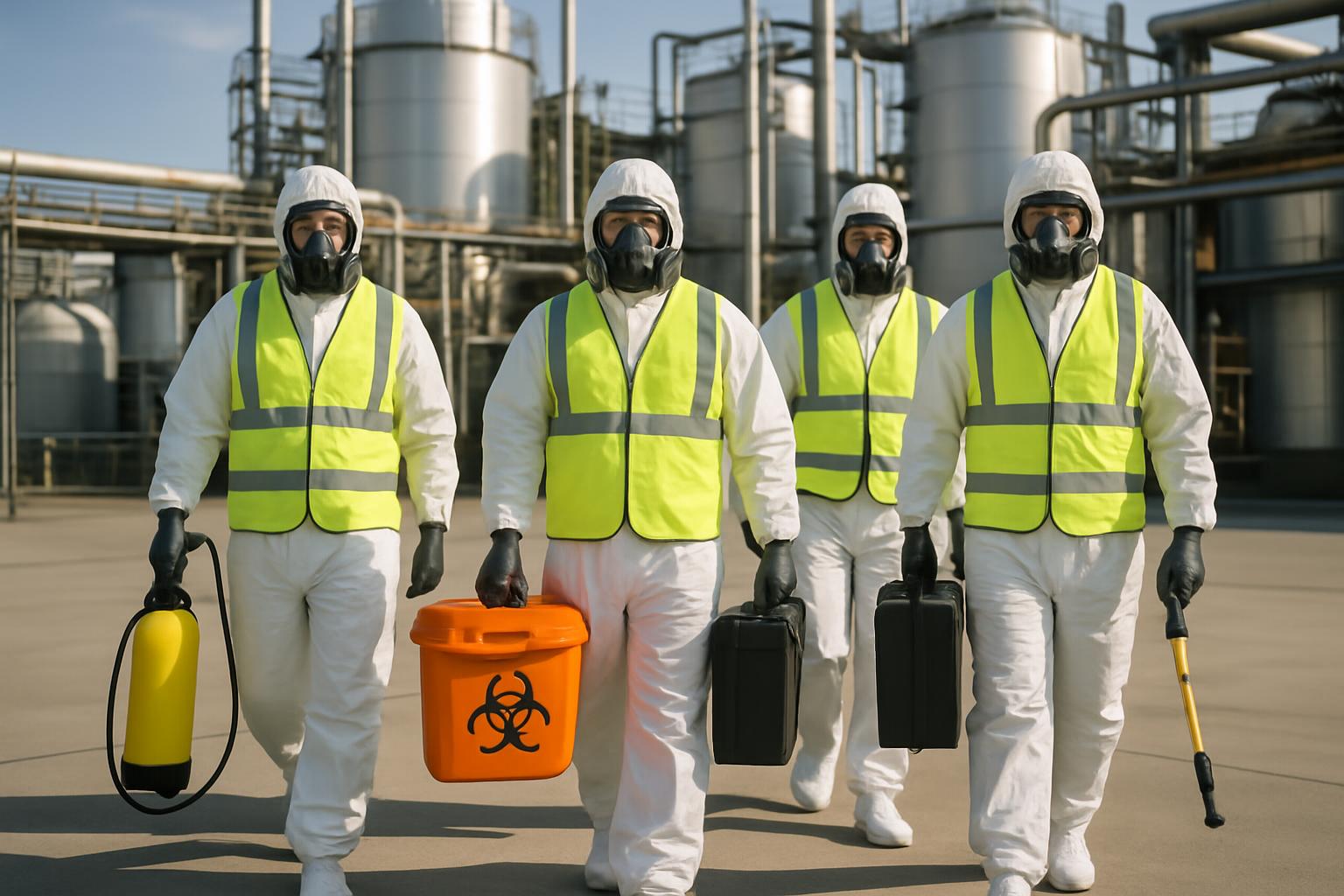 Emergency biohazard cleanup team in protective suits responding to environmental emergency